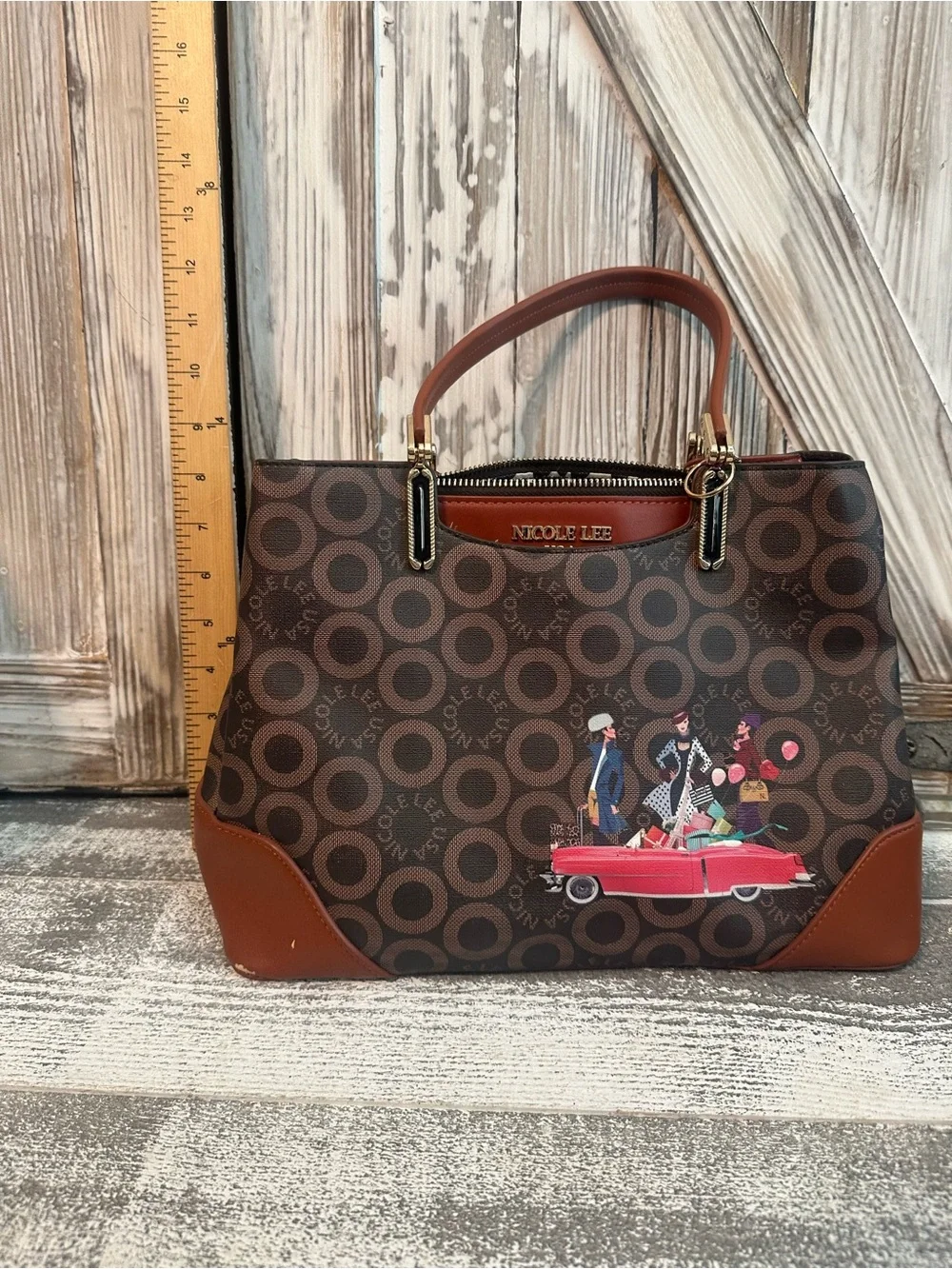 Nicole Lee USA Brown Satchel Handbag Purse Retro Convertible Print NWT Tags